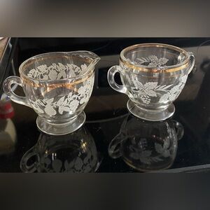Vintage Clear Frosted Fruits Depression Glass Sugar and Creamer Set